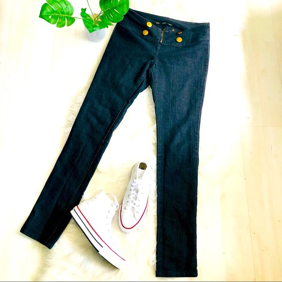 Hip Hugging Low Rise Wide Waist Large Buttons Stretch Skinny Dark Wash Jeans, 7 - Picture 1 of 7